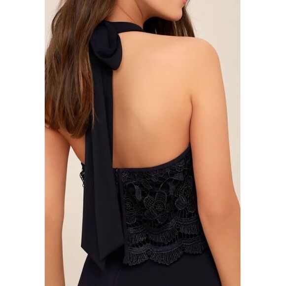 Lulus Sociable Navy Blue Lace Halter Maxi Long Dress Size XS High Neck Formal - Picture 5 of 11